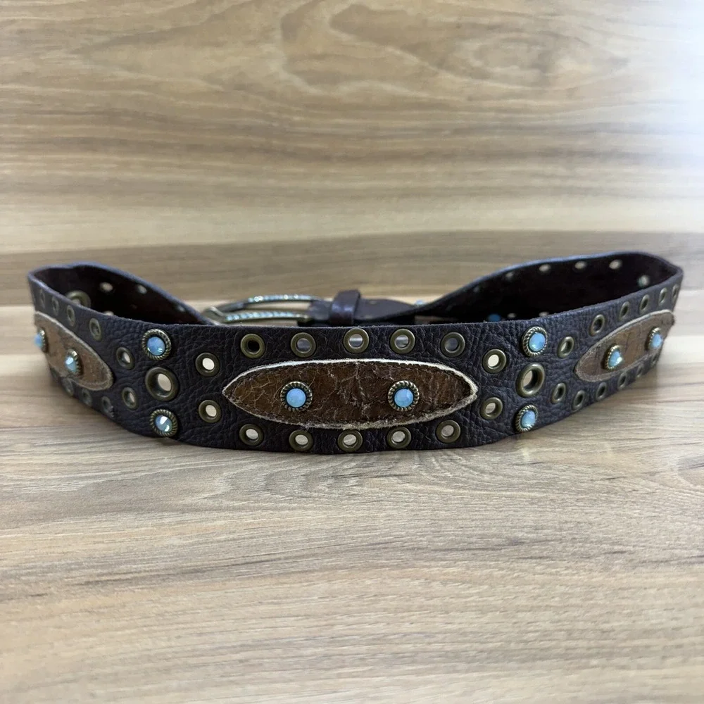 LEATHEROCK Womens Belt Size 30 XS S Brown Leather Rhinestone USA Made